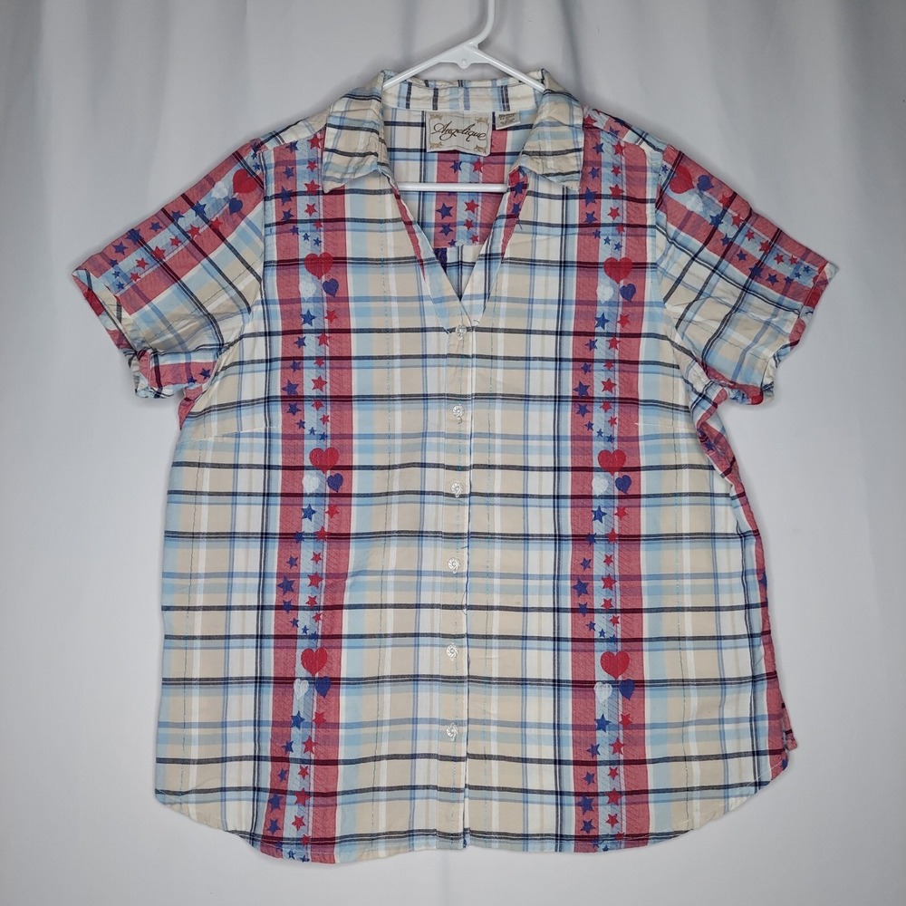 Angelique Vtg 90s Patriotic Top 1X Star‎ Plaid Heart Button Collar USA Short Slv